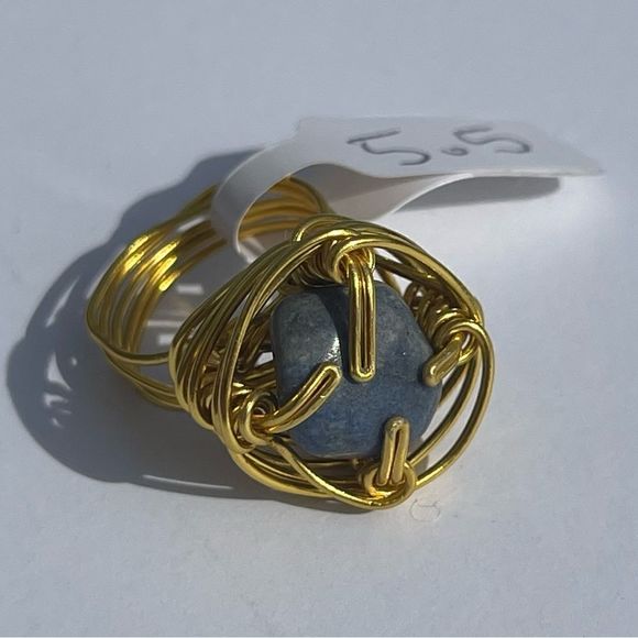 BLUE AVENTURINE QUARTZ ADJUSTABLE WIREWRAPPED CHUNKY GEMSTONE RING - Picture 8 of 16